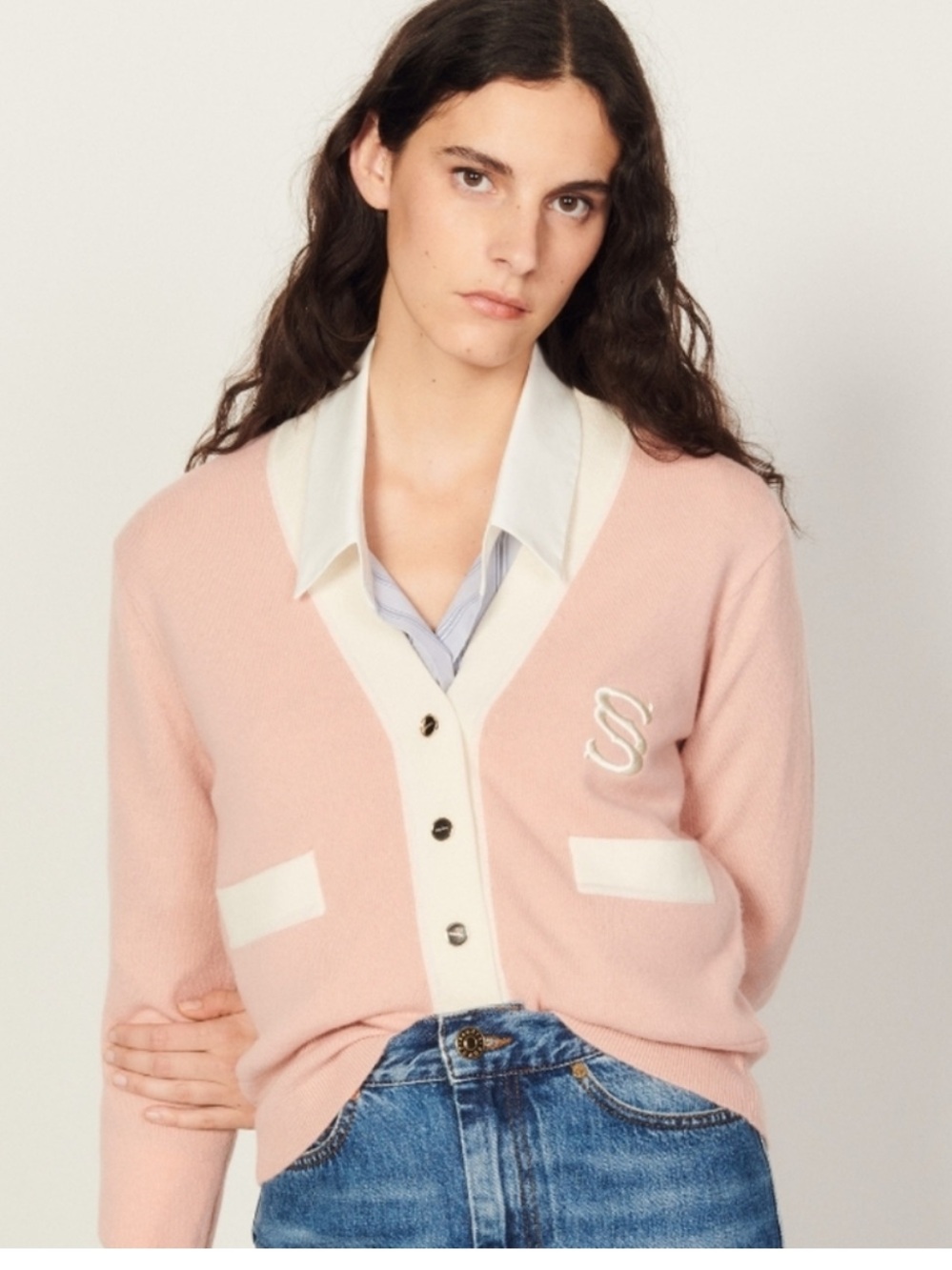 Sandro Pink V-Neck Cardigan with Contrast Trim